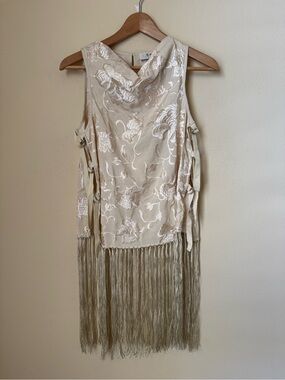 Sea New York Priscilla Embroidery Cowl Neck Fringe Vest Cream Size XS